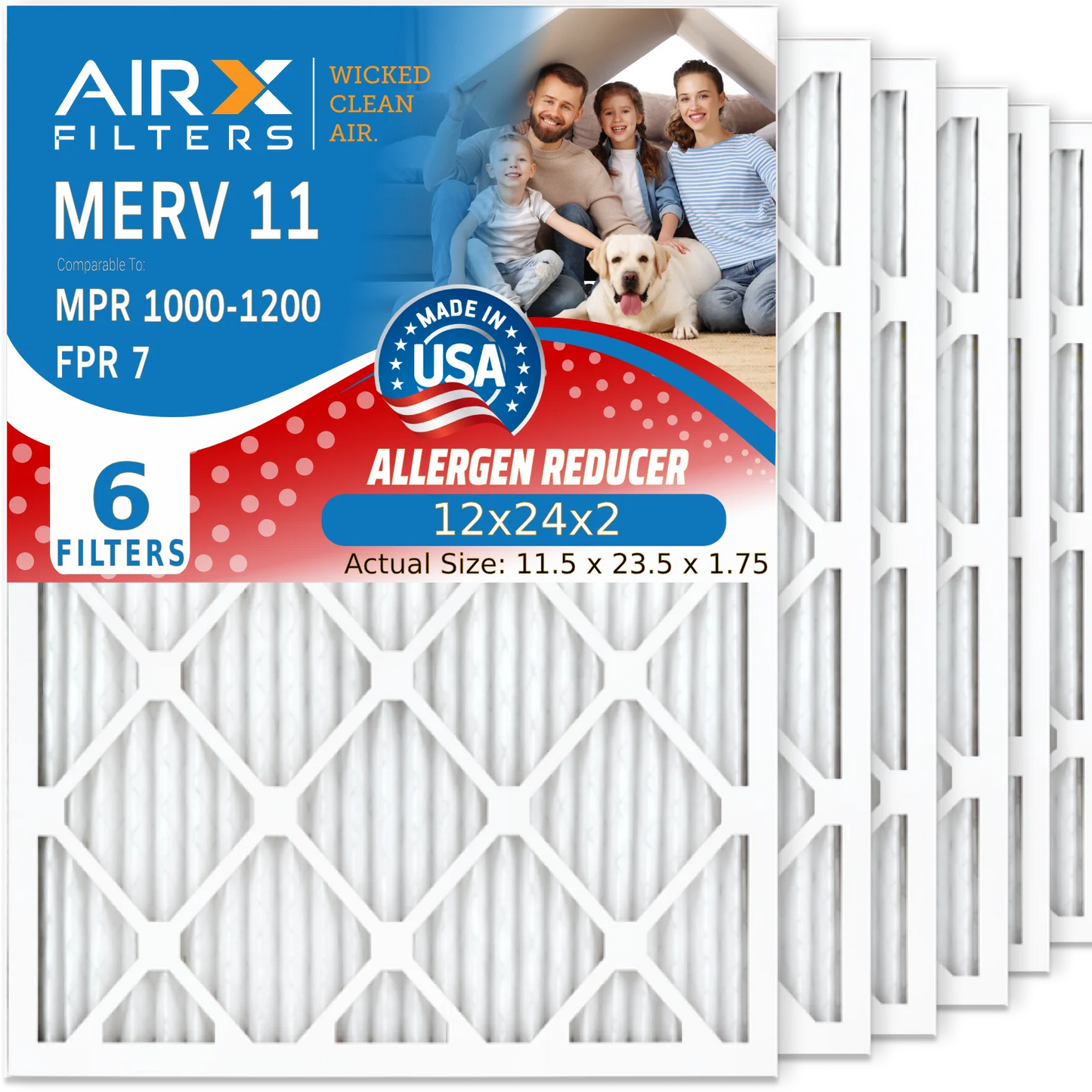 12x24x2 Air Filter MERV 11 Comparable to MPR 1000, MPR 1200 & FPR 7 Electrostatic Pleated Air Conditioner Filter 6 Pack HVAC Premium USA Made 12x24x2 Furnace Filters by AIRX FILTERS WICKED CLEAN AIR.