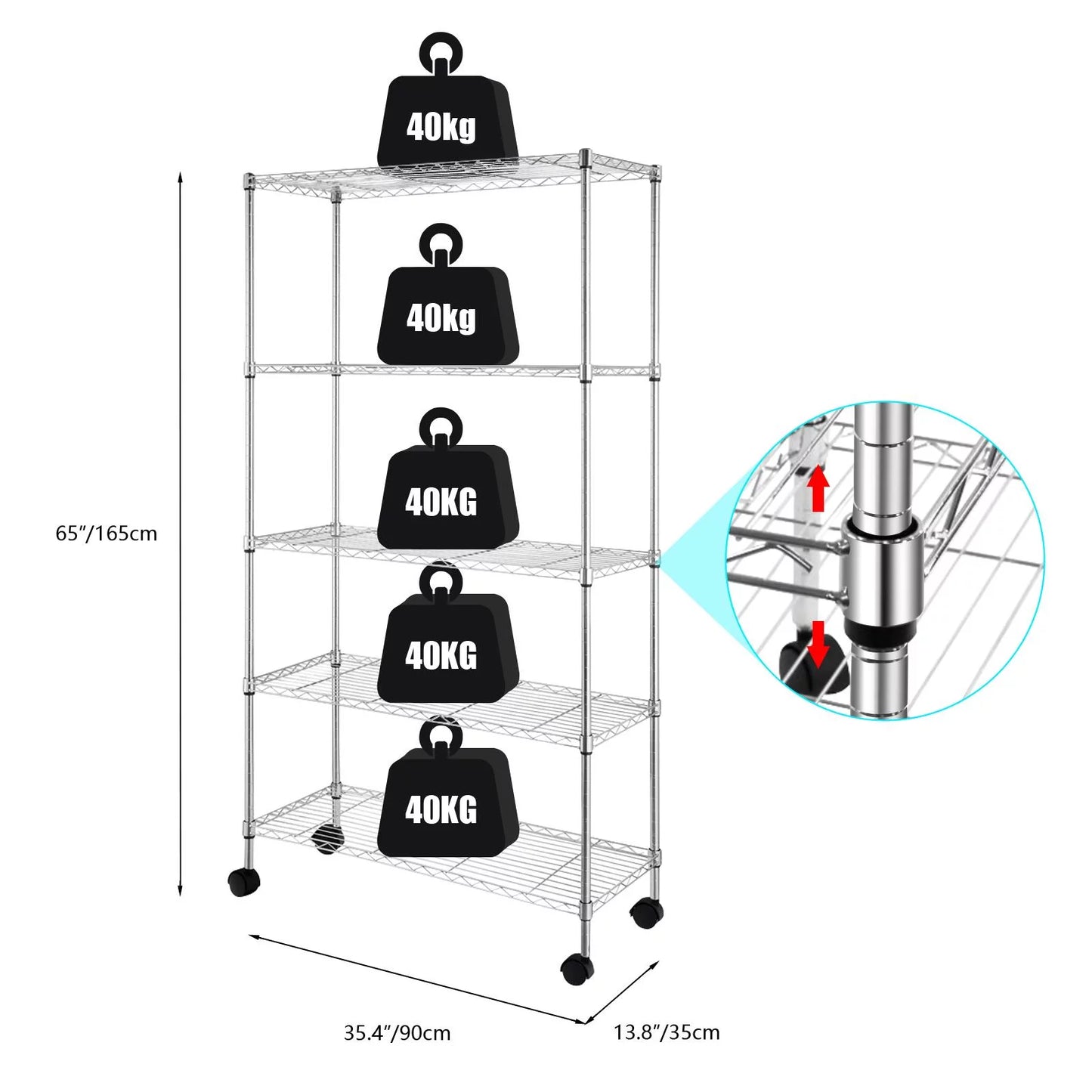 Zimtown 5-Shelf Storage Rack, 35"L x 14"W x 65" H Wire Shelving Unit with Wheels Black for Kitchen Garage, Capacity for 440 lbs