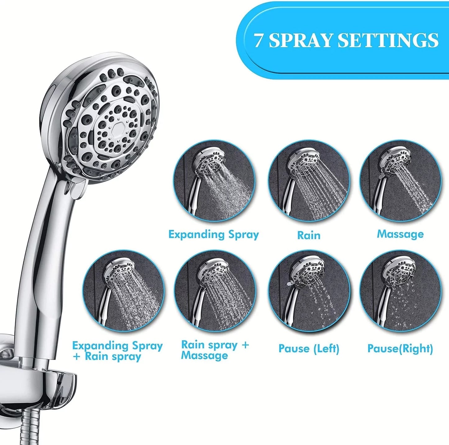 Chrome 1.8 GPM, Rain Shower Head - High Pressure Handheld Showerhead & Rain Showerhead Combo with 7 Spray Setting, 2 in 1 Shower Head System Stainless Steel Extra Long Shower Hose