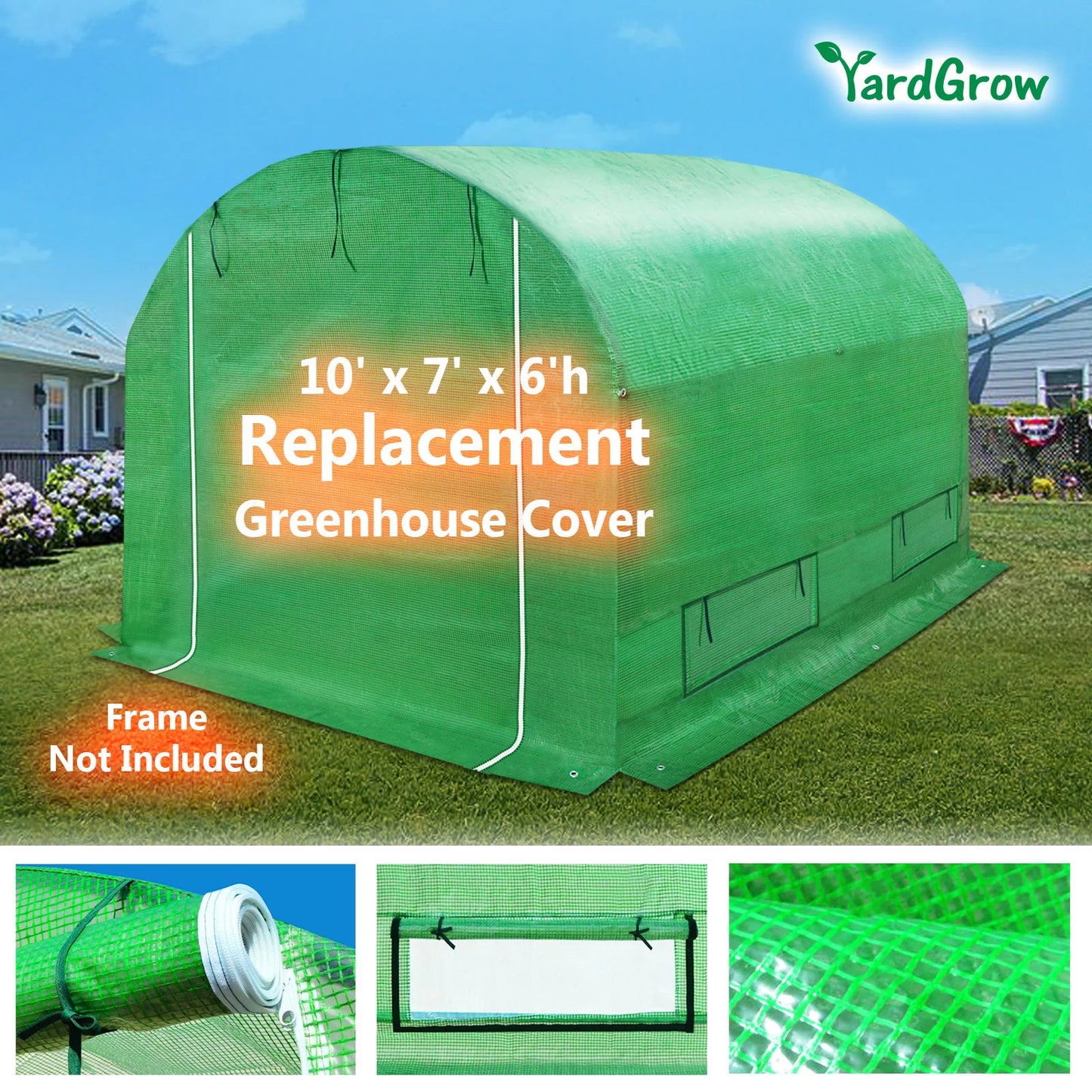 10'X7'X6'H Greenhouse Replacement Cover PE Grid Cover with Four Air Ventilation Mesh windows & One Zipper Door
