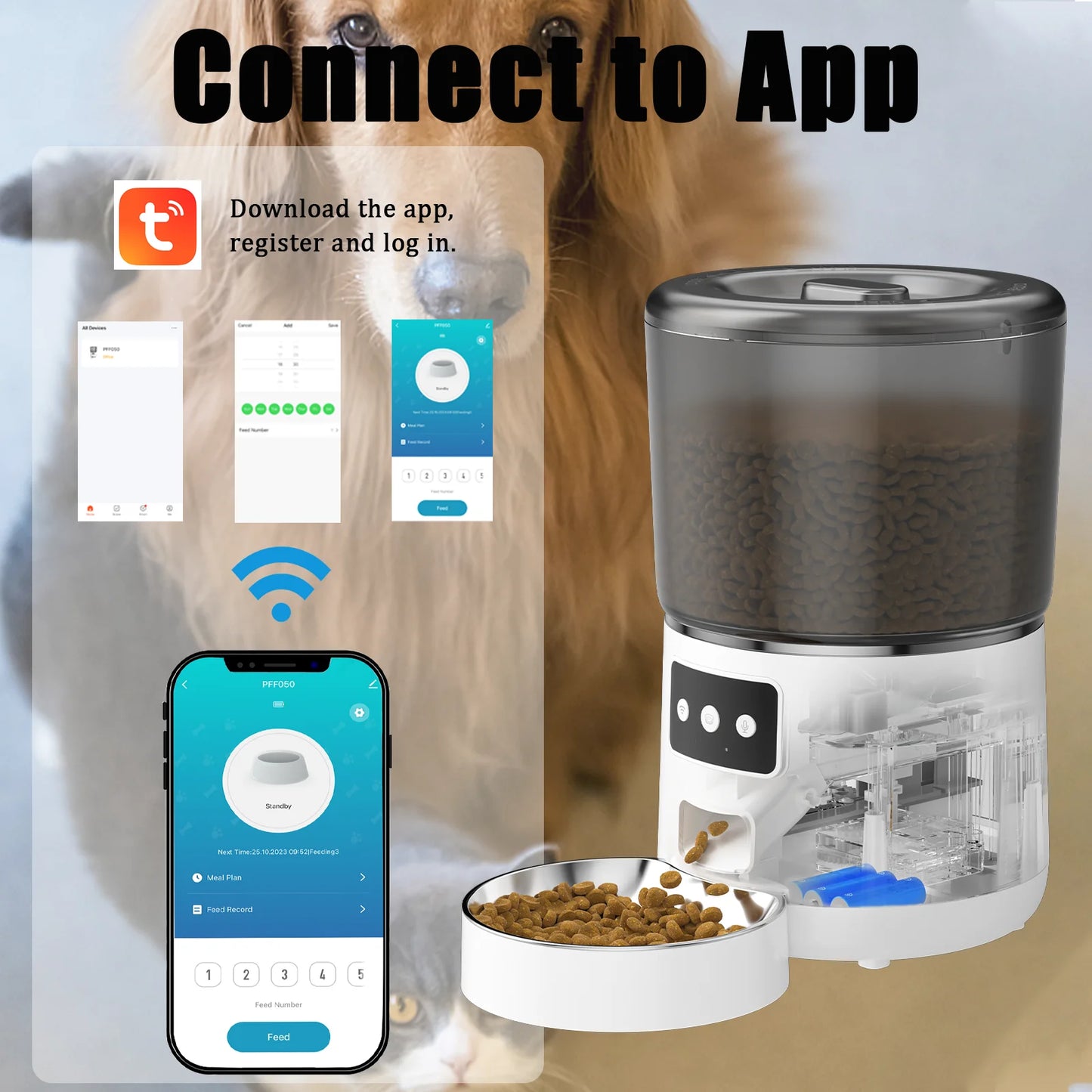 Arcwares Automatic Cat Feeder, WIFI Timed Automatic Cat Food Dispenser,4L Automatic Pet Feeders for Cats and Dogs, Up to 9 Servings Per Meal, Automatic Dog Feeder, Dual Power Supply, 10sVoice Recorder
